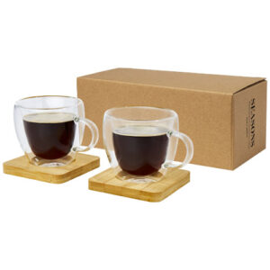 Set di 2 tazze in vetro a doppia parete da 100 ml con sottobicchiere in bambù Manti