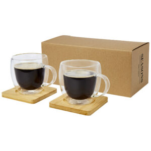 Set di 2 tazze in vetro a doppia parete da 250 ml con sottobicchiere in bambù Manti