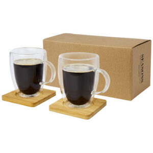 Set di 2 tazze in vetro a doppia parete da 350 ml con sottobicchiere in bambù Manti
