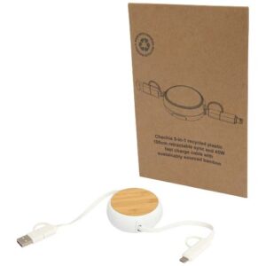 Cavo retrattile 5 in 1 in plastica riciclata da 100 cm per la sincronizzazione dei dati e la ricarica rapida da 45 W con dettagli in bambù Chechia