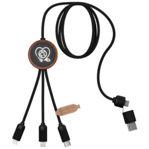 Cavo di ricarica da 40 W 5 in 1 in rPET riciclato con logo luminoso e custodia rotonda in legno SCX.design C37