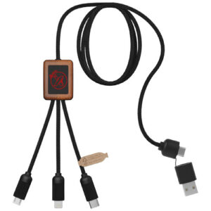 Cavo di ricarica 5 in 1 da 40 W in rPET riciclato con logo luminoso e custodia quadrata in legno SCX.design C38