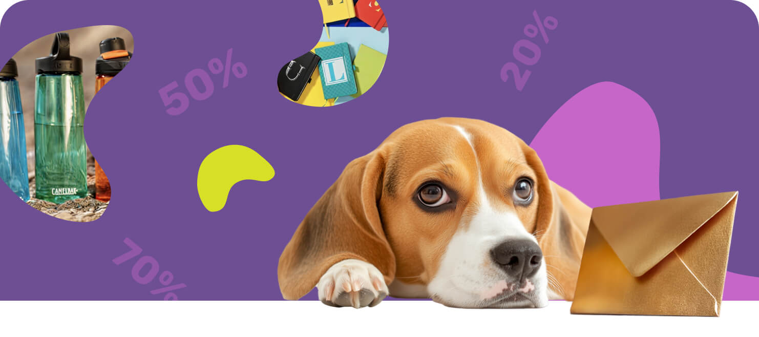 Cucciolo di beagle accanto a una busta dorata e gadget colorati, promozione newsletter con sconto del 10%.